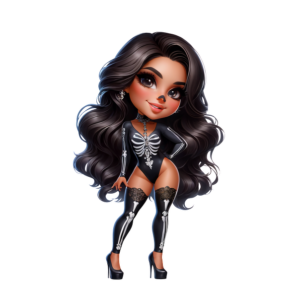 A stylish doll dressed in a skeleton bodysuit, featuring glamorous long hair and striking thigh-high stockings. heat press transfers