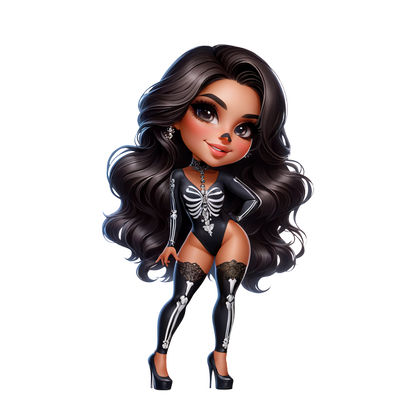 A stylish doll dressed in a skeleton bodysuit, featuring glamorous long hair and striking thigh-high stockings. heat press transfers