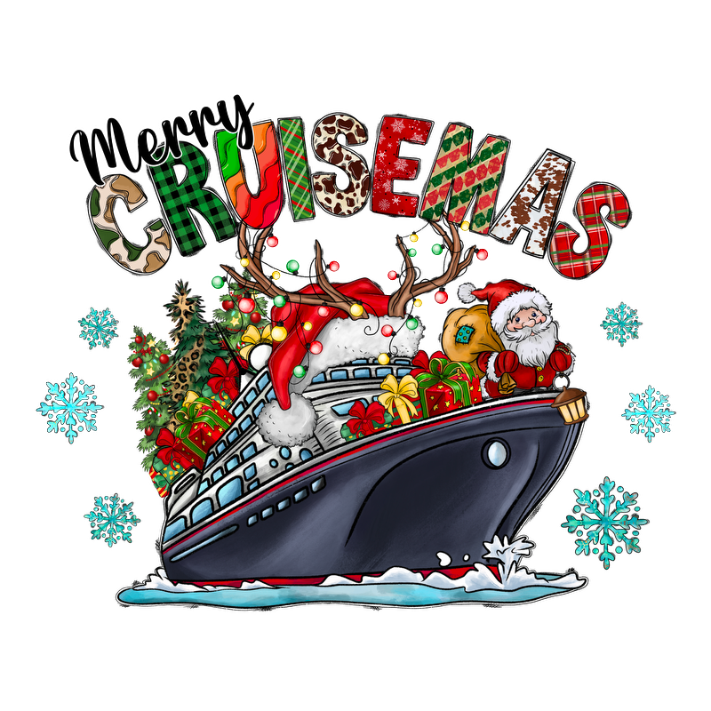 Celebrate the festive spirit with a whimsical "Merry Cruisemas" design featuring Santa on a decorated cruise ship surrounded by gifts and snowflakes.DTF Transfersdtf regular iron dtf transfers