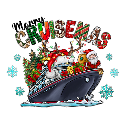 Celebrate the festive spirit with a whimsical "Merry Cruisemas" design featuring Santa on a decorated cruise ship surrounded by gifts and snowflakes.DTF Transfersdtf regular iron dtf transfers