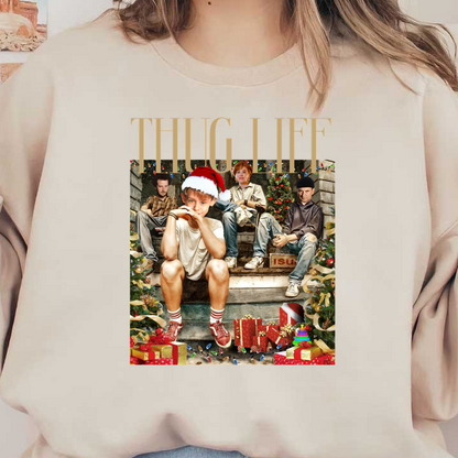 A festive holiday-themed image featuring a group of friends sitting on stairs, surrounded by decorations and colorful presents, with a playful "Thug Life" caption.DTF Transfersdtf regular iron dtf prints