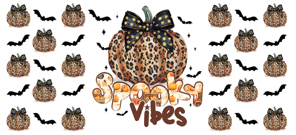 A stylish leopard-print pumpkin with a polka-dot bow, surrounded by a "Spooky Vibes" text, perfect for Halloween decor.UV Transfers dtf prints