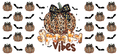 A stylish leopard-print pumpkin with a polka-dot bow, surrounded by a "Spooky Vibes" text, perfect for Halloween decor.UV Transfers dtf prints