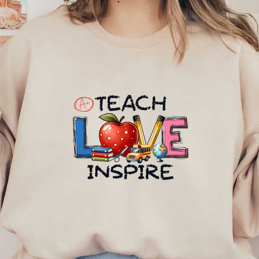 A colorful design featuring educational elements like an apple, books, a school bus, and a globe, promoting the theme "Teach, Love, Inspire."DTF Transfers