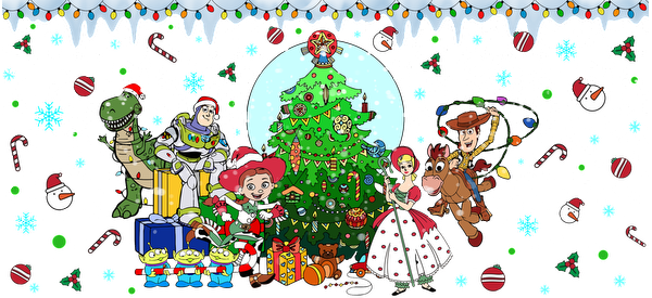 A festive illustration featuring beloved Toy Story characters around a decorated Christmas tree, surrounded by snowflakes and cheerful holiday elements.UV Transfers