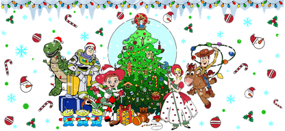 A festive illustration featuring beloved Toy Story characters around a decorated Christmas tree, surrounded by snowflakes and cheerful holiday elements.UV Transfers