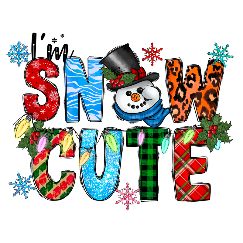 Celebrate the season with this cheerful "Snow Cute" design featuring a playful snowman and colorful, festive lettering.DTF Transfers heat press transfers