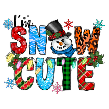 Celebrate the season with this cheerful "Snow Cute" design featuring a playful snowman and colorful, festive lettering.DTF Transfers heat press transfers