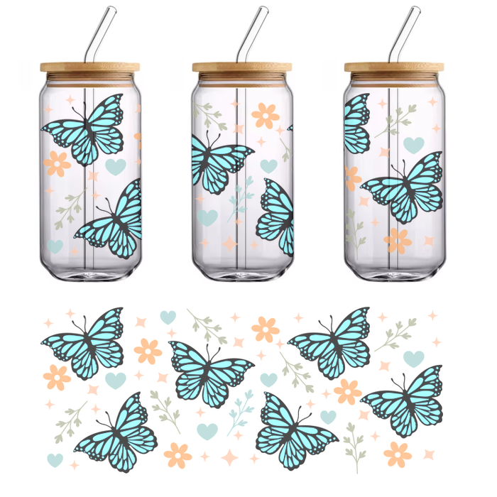 A vibrant pattern featuring blue butterflies, orange flowers, green leaves, and hearts, perfect for a cheerful design.UV Transfersdtf regular iron