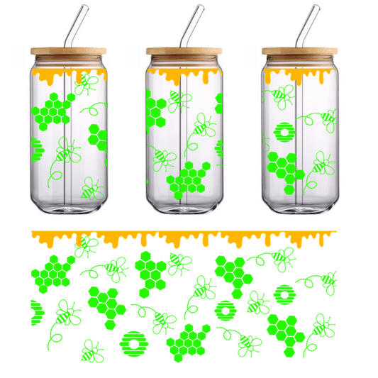 Un diseño vibrante y abstracto que presenta moléculas verdes y hexágonos sobre un fondo negro, rematado con un borde naranja divertido. Transferencias UV