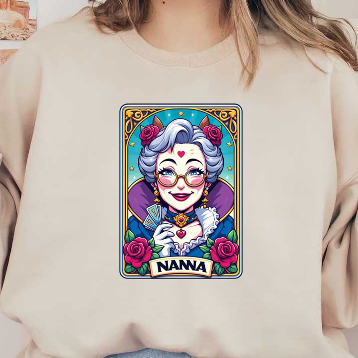 Esta colorida tarjeta presenta una encantadora figura de abuela, adornada con rosas y vasos, sosteniendo dinero con una sonrisa alegre.