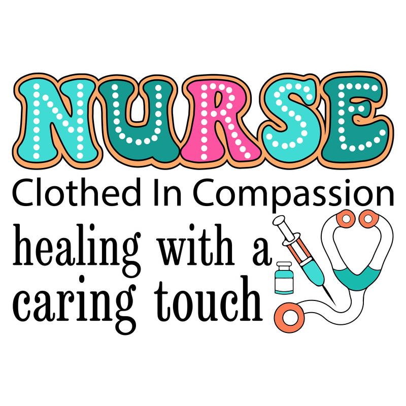 A colorful and playful design featuring the word "NURSE," accompanied by medical symbols like a syringe, vial, and stethoscope.DTF Transfers