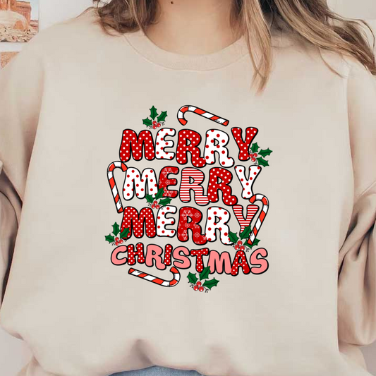 Festive "Merry Christmas" design with playful, colorful lettering, candy canes, and holly for a cheerful holiday vibe. heat press transfers