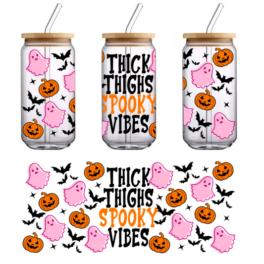 A fun and colorful Halloween-themed illustration featuring playful pink ghosts and grinning jack-o'-lanterns with the word "SPOOKY."UV Transfers dtf prints