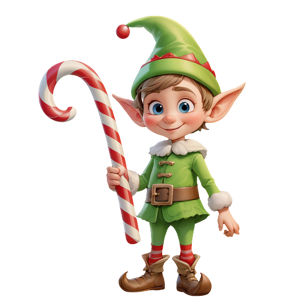 A cheerful cartoon elf in a green outfit holds a striped candy cane, ready to spread holiday joy!DTF Transfersdtf regular iron