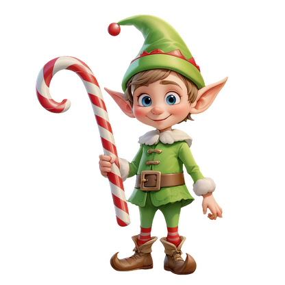 A cheerful cartoon elf in a green outfit holds a striped candy cane, ready to spread holiday joy!DTF Transfersdtf regular iron