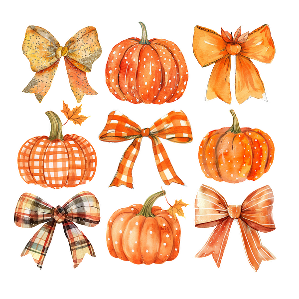 A delightful collection of hand-painted pumpkins and bows in vibrant orange hues, perfect for autumn-themed decorations.dtf regular iron