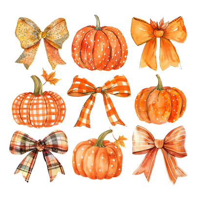 A delightful collection of hand-painted pumpkins and bows in vibrant orange hues, perfect for autumn-themed decorations.dtf regular iron