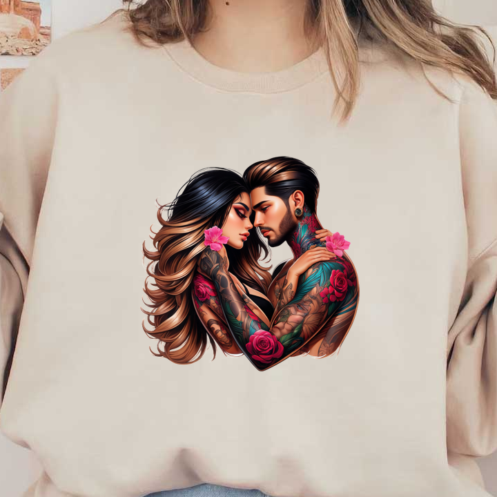 A romantic, illustrated portrait of a tattooed couple embracing, adorned with vibrant flowers and intricate body art.DTF Transfers dtf transfers