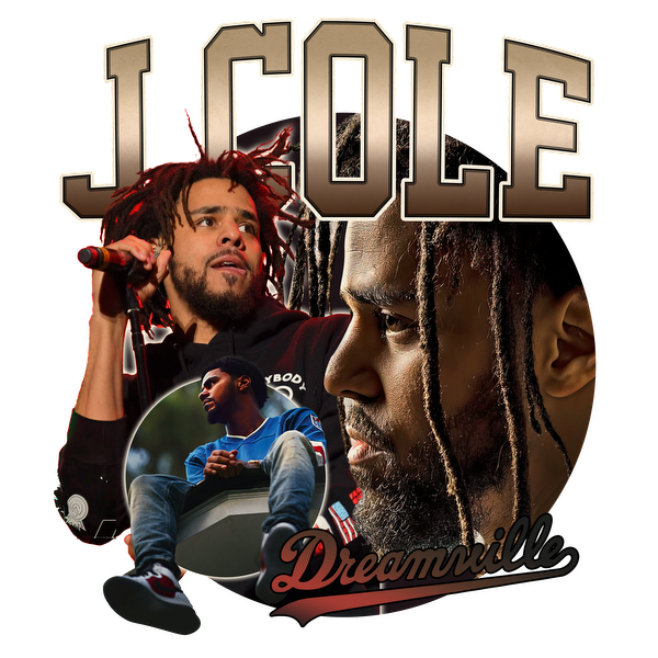 Un collage vibrante que presenta a J. Cole en poses dinámicas, mostrando sus rastas características y la marca Dreamville. Transferencias DTF