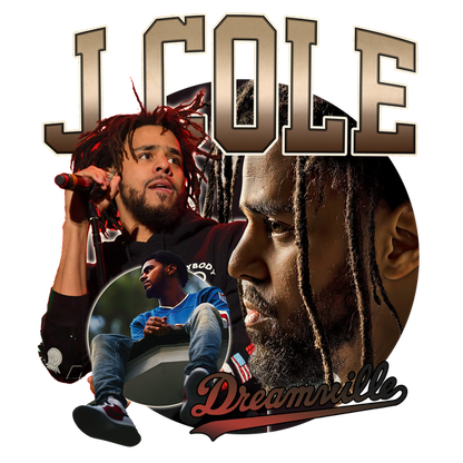 Un collage vibrante que presenta a J. Cole en poses dinámicas, mostrando sus rastas características y la marca Dreamville. Transferencias DTF