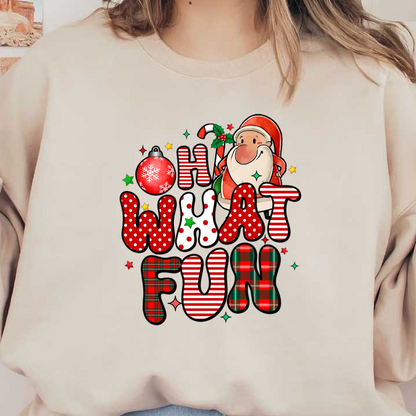 Celebrate the season with this cheerful Christmas design featuring Santa and playful lettering that reads, "Oh What Fun!" heat press transfers