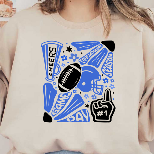 A vibrant blue graphic celebrating game day, featuring a football helmet, cheer megaphones, and fun floral accents. heat press transfers