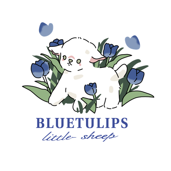 Adorable oveja ilustrada rodeada de tulipanes azules, con el texto "Bluetulips little sheep" en un diseño divertido.