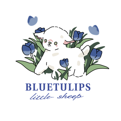 Adorable oveja ilustrada rodeada de tulipanes azules, con el texto "Bluetulips little sheep" en un diseño divertido.