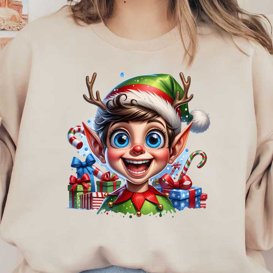 A cheerful elf boy with bright blue eyes, antlers, and a festive outfit is surrounded by colorful presents and candy canes.DTF Transfers dtf prints