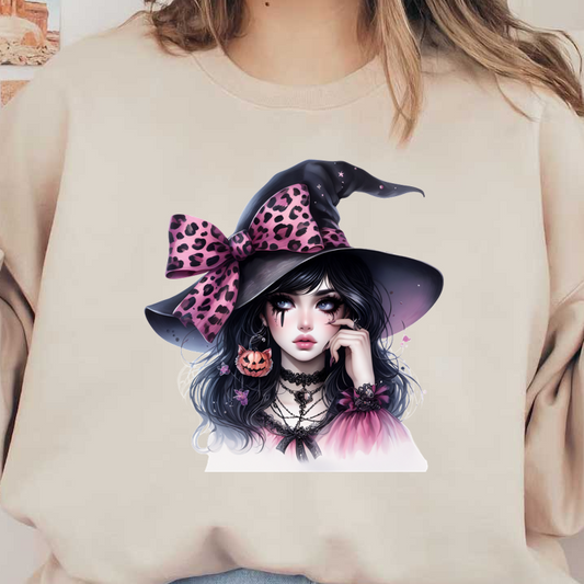 Una bruja elegante con un lazo con estampado de leopardo en su sombrero, luciendo múltiples collares y una expresión divertida.