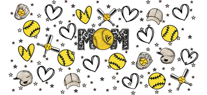 A playful and colorful design featuring softball motifs, including balls, bats, and caps, with hearts accentuating a love for the sport.UV Transfers heat press transfers