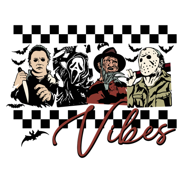 Iconic horror characters vibe together in a striking graphic, featuring classic villains and the word "Vibes" in stylish lettering.dtf regular iron