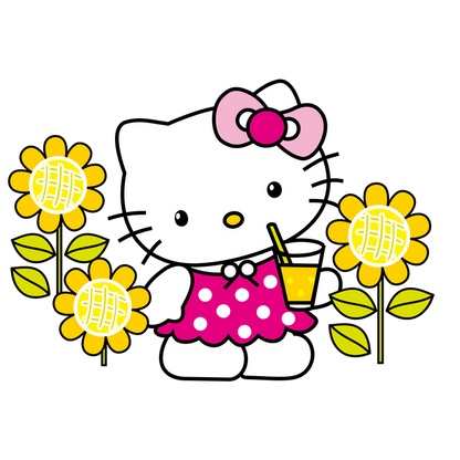 Hello Kitty, wearing a cute polka dot dress and bow, enjoys a refreshing drink surrounded by cheerful sunflowers.DTF Transfers