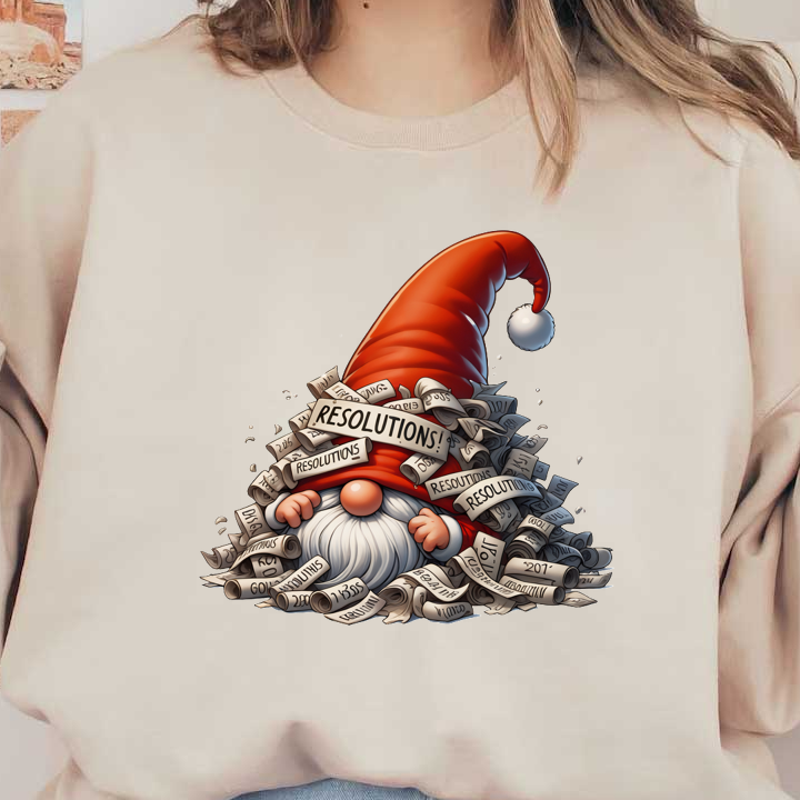 A whimsical gnome wearing a bright red hat, surrounded by a pile of scrolls labeled "RESOLUTIONS!" in a festive design.dtf regular iron