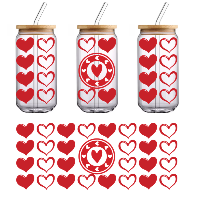 A vibrant pattern featuring various red hearts, with a central circular design showcasing smaller hearts inside.UV Transfers dtf prints