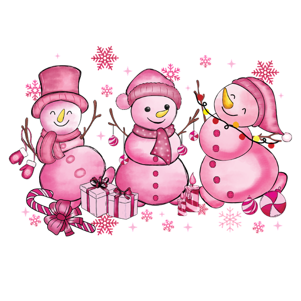 Three adorable pink snowmen adorned with hats and scarves, surrounded by gifts and festive decorations, perfect for holiday cheer!