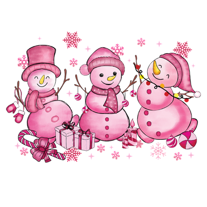 Three adorable pink snowmen adorned with hats and scarves, surrounded by gifts and festive decorations, perfect for holiday cheer!