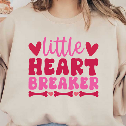 A playful design featuring the phrase "Little Heartbreaker" in vibrant pink and red letters, adorned with hearts and bones.DTF Transfers