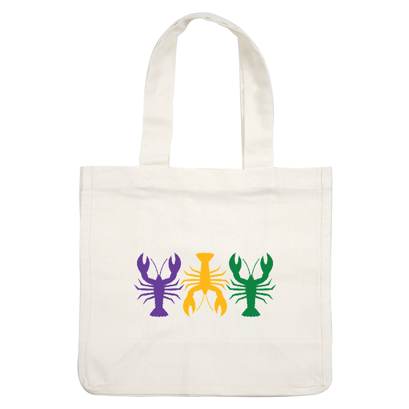 A vibrant graphic featuring three lobsters in purple, yellow, and green colors, perfect for festive occasions or seafood themes.DTF Transfers