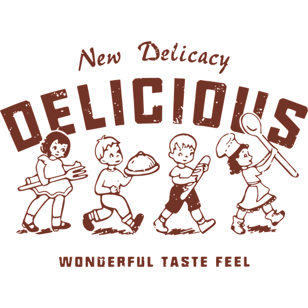 Un logotipo divertido que presenta personajes ilustrados disfrutando de la comida, con la palabra en negrita "DELICIOUS" y el lema "Wonderful Taste Feel".