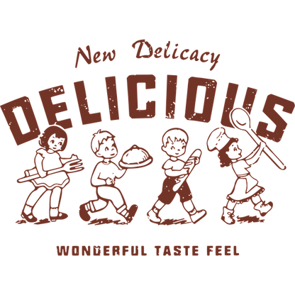 Un logotipo divertido que presenta personajes ilustrados disfrutando de la comida, con la palabra en negrita "DELICIOUS" y el lema "Wonderful Taste Feel".