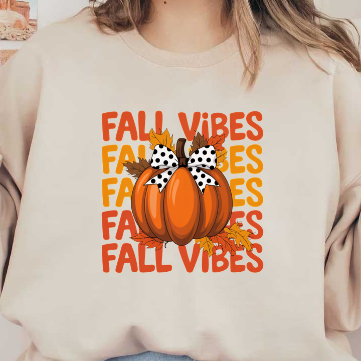 Un alegre diseño con temática otoñal que presenta una calabaza naranja vibrante adornada con un lazo de lunares y hojas otoñales, rodeada por el texto "Fall Vibes".