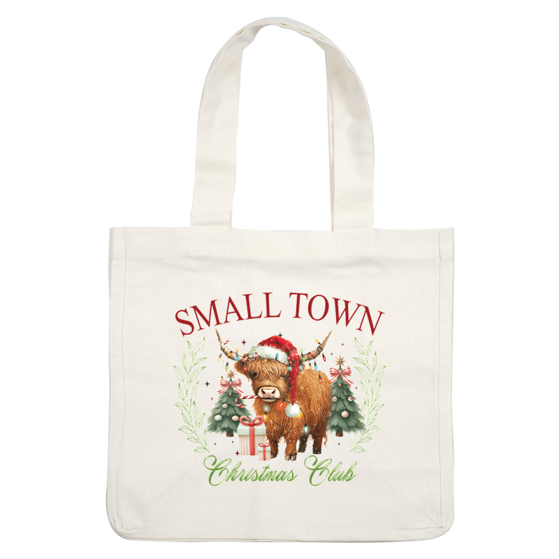 A festive design featuring a Highland cow in a Santa hat surrounded by Christmas trees and presents, captioned "Small Town Christmas Club." dtf prints