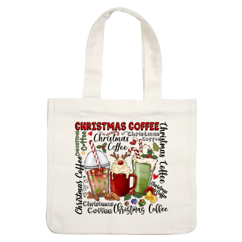 Enjoy the festive spirit with this vibrant illustration of Christmas-themed coffee drinks, complete with delightful toppings and cheerful decorations!DTF Transfers dtf transfers heat press transfers