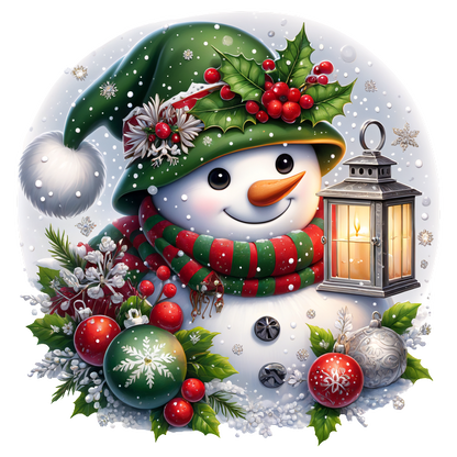 A cheerful snowman wearing a green hat and striped scarf, surrounded by festive ornaments and a glowing lantern, captures holiday spirit.DTF Transfers dtf transfers