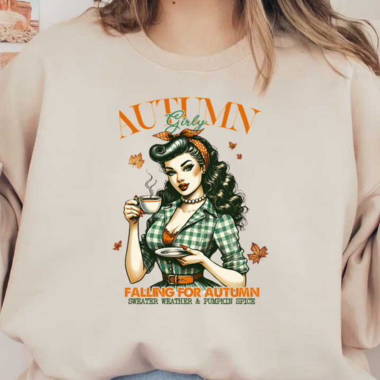 A charming vintage illustration of a woman in a checkered shirt, enjoying coffee, celebrating the autumn season with style. heat press transfers