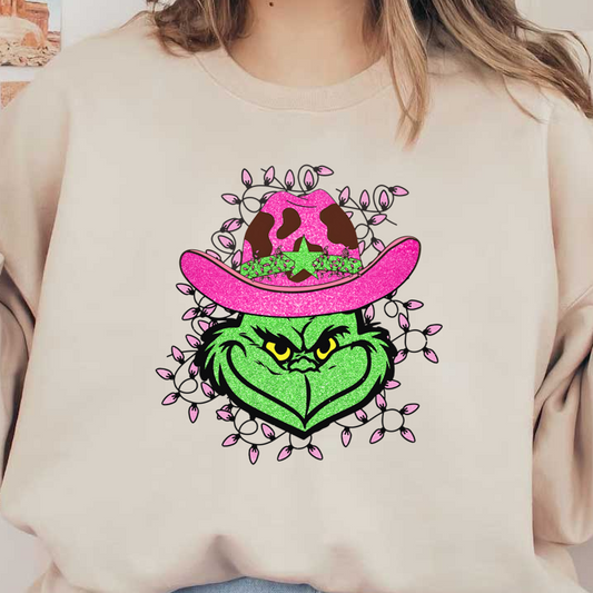 A whimsical design featuring the Grinch in a pink cowboy hat adorned with lights and sparkly details, perfect for festive occasions.DTF Transfersdtf regular iron dtf transfers