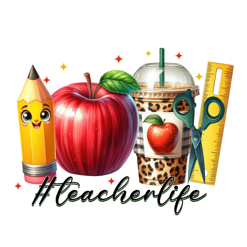 Celebrate #TeacherLife with this vibrant design featuring a cheerful pencil, a shiny red apple, trendy drink, scissors, and ruler!DTF Transfers