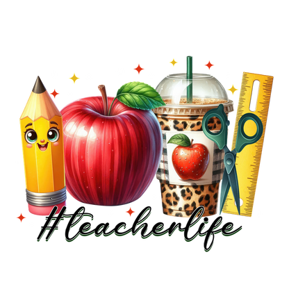 Celebrate #TeacherLife with this vibrant design featuring a cheerful pencil, a shiny red apple, trendy drink, scissors, and ruler!DTF Transfers